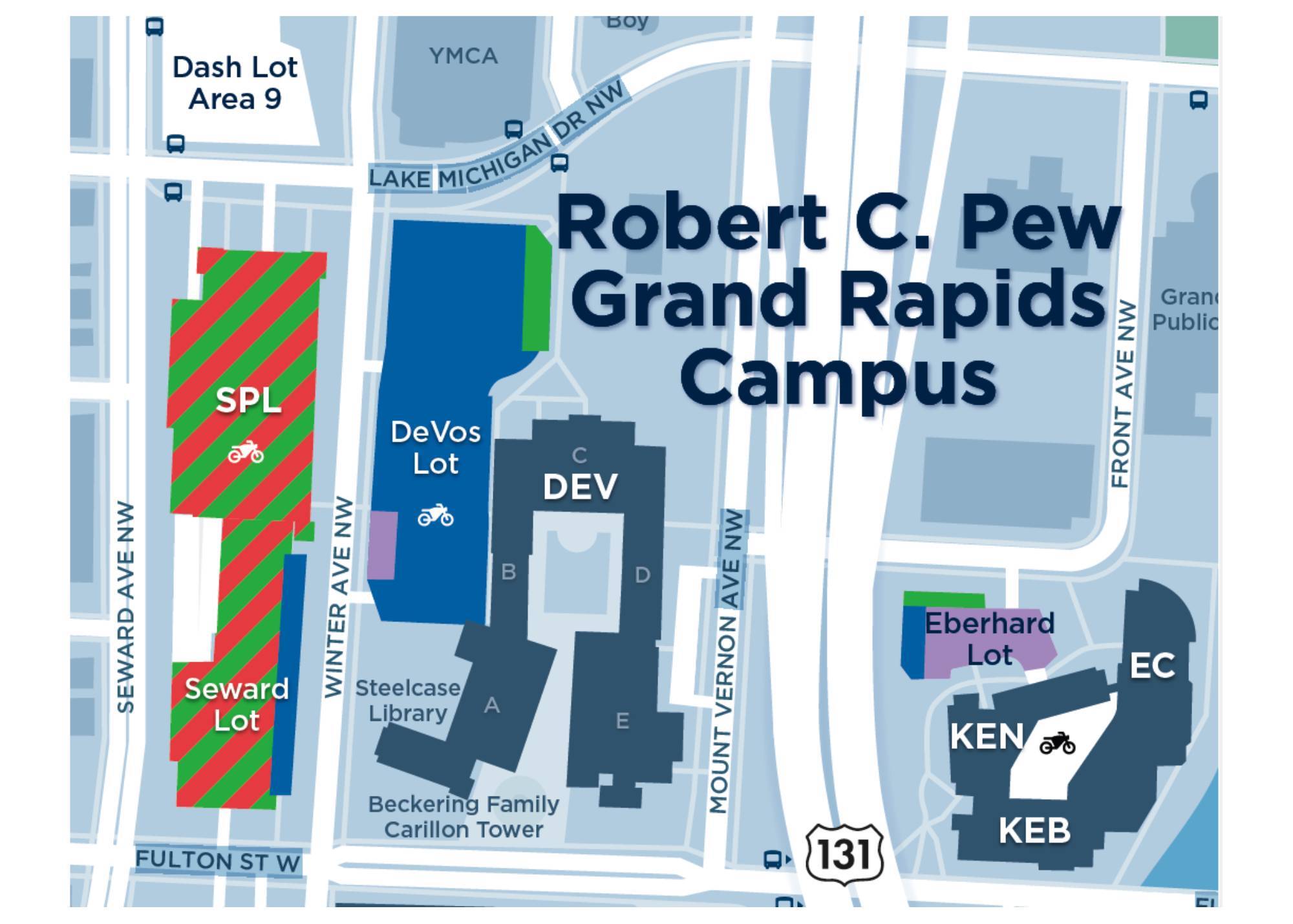 Overhead map view of the Rhichard M. DeVos center and adjacent parking lots. Parking lots are striped, to the west/left of the DeVos Center.